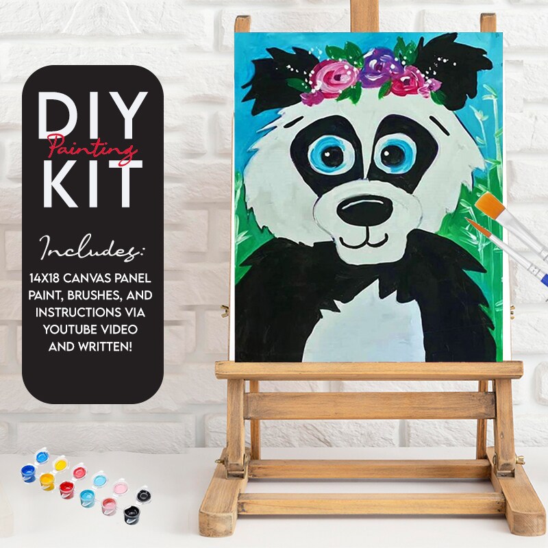 Panda with Flower Crown, Video Instructional Paint Kit, 11x14 inch, DIY Canvas Art Kit, Kid and Adult Painting